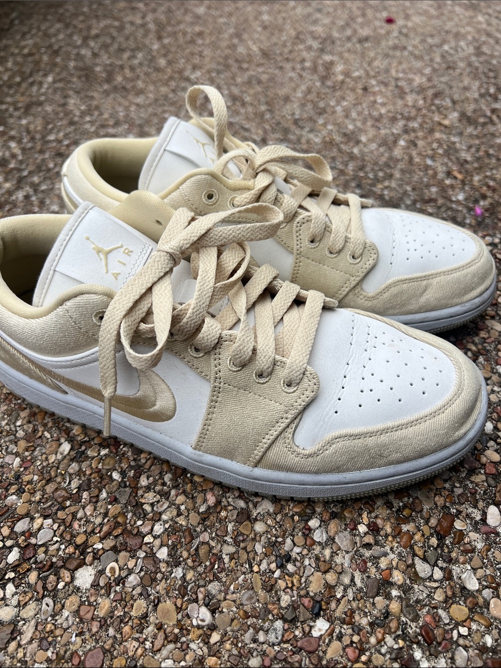 Nike Air Jordan Low Sneakers in Cream and White with Gold Swoosh